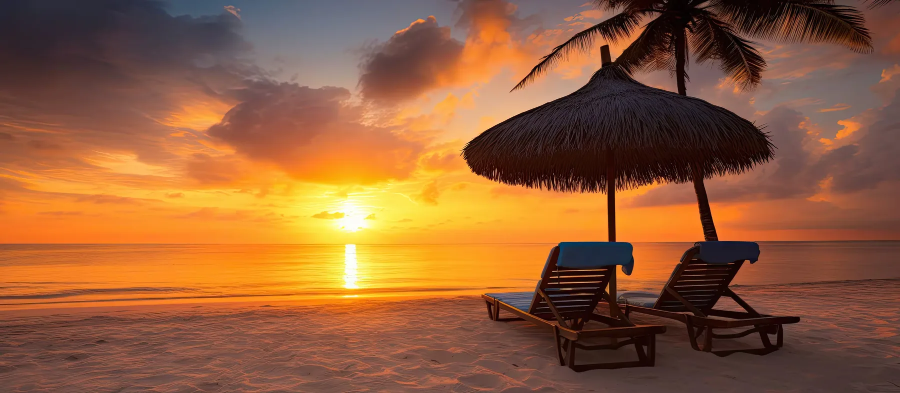 Sunset over Melasti Beach with loungers in Bali