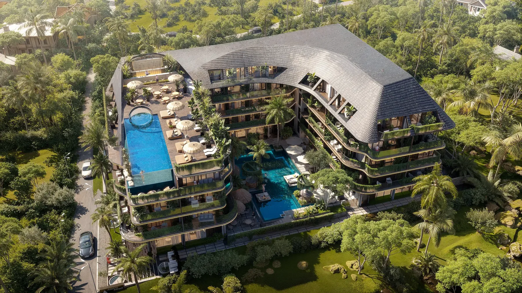 Aerial render of Amani Melasti pools and roofline
