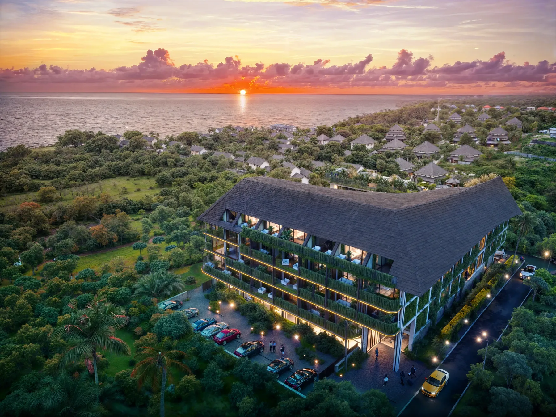 Amani Melasti hotel residences at dusk above Melasti Beach, Bukit, Bali