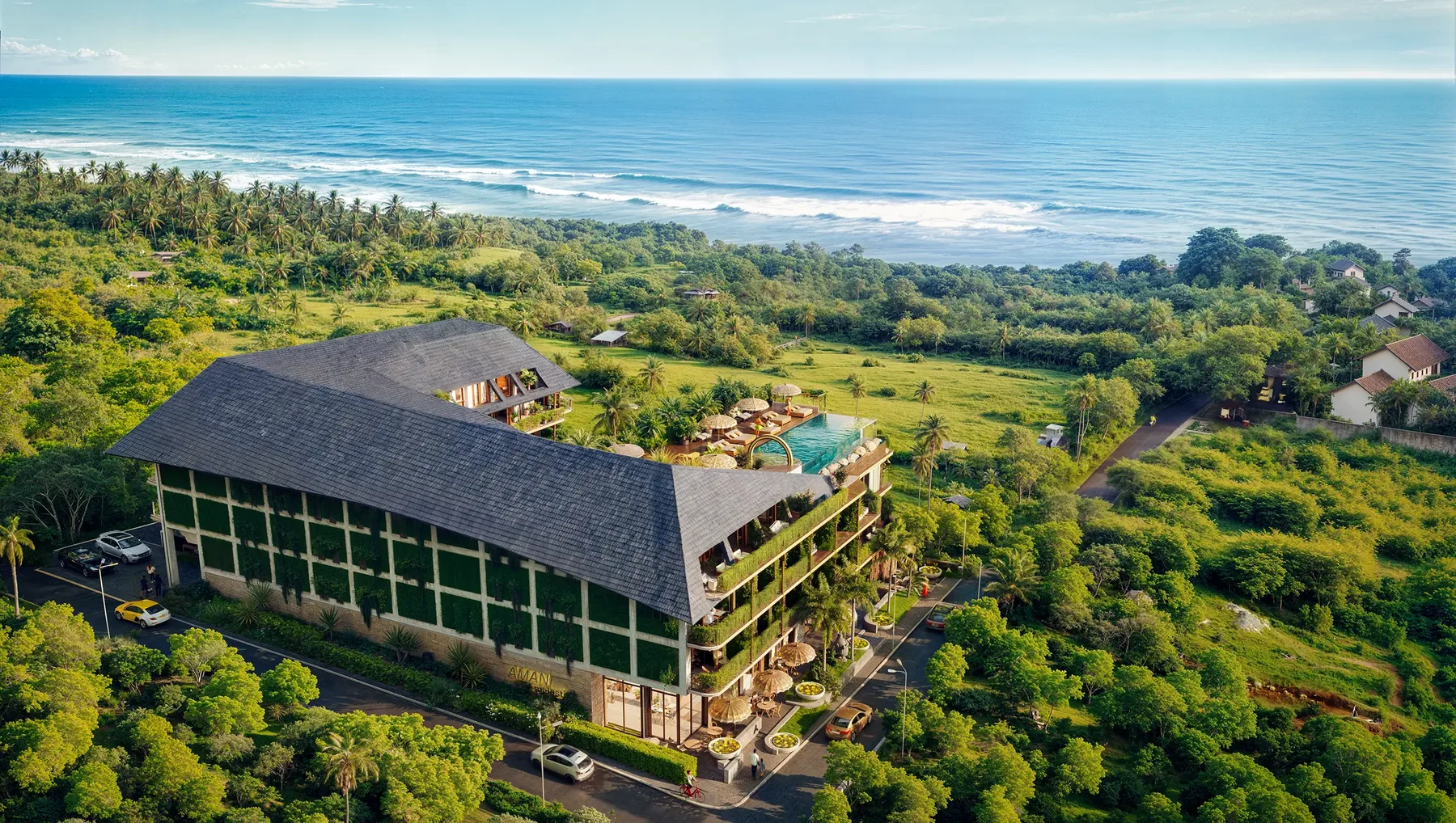 Aerial render of Amani Melasti above the Bukit coastline in Bali